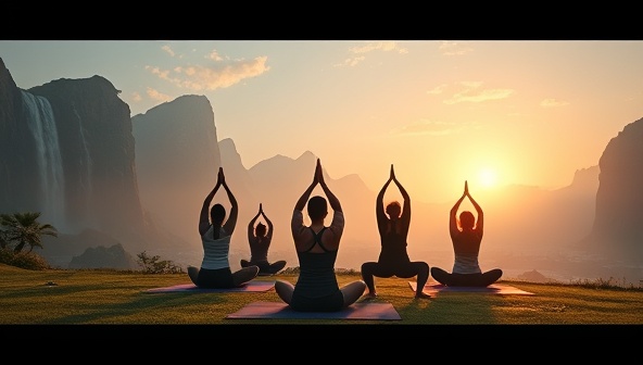 A serene digital landscape featuring a virtual yoga session at sunrise, with participants engaging in poses surrounded by calming nature scenes like mountains and waterfalls, evoking a sense of tranquility and connection.
