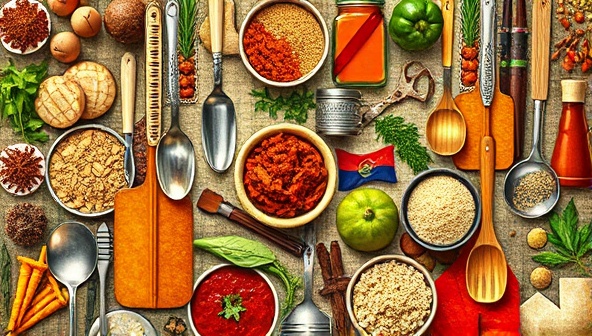 An artistic collage of diverse culinary ingredients and cooking utensils representing various global cuisines, such as spices, herbs, and cooking tools from different countries, forming a colorful and vibrant display of culinary diversity and cultural richness.