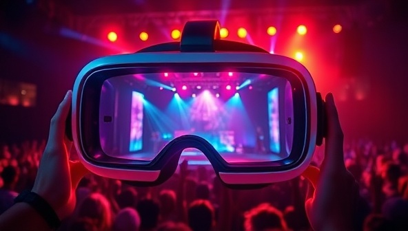 A visually captivating VR headset displaying a holographic concert stage with vibrant lighting and cheering virtual fans, showcasing the immersive experience of a virtual reality concert.