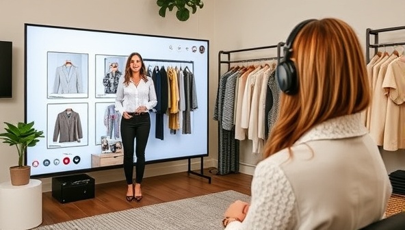A virtual stylist conducting a wardrobe consultation via video call, showcasing mood boards, clothing racks, and digital outfit suggestions tailored to the client's style preferences, exuding sophistication and personalized fashion expertise typical of ChicStyle Concierge.