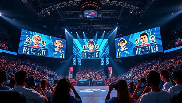 An electrifying esports arena with digital banners displaying fantasy team logos and player stats, surrounded by cheering crowds and animated avatars of professional gamers in action, capturing the excitement and competitive spirit of the Fantasy eSports League platform.