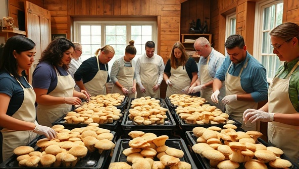 A group of workshop participants in a cozy, well-lit room, wearing aprons and gloves, enthusiastically tending to their mushroom cultivation setups, surrounded by trays of growing mushrooms, evoking a sense of learning and discovery.
