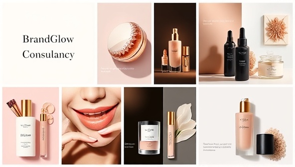 An elegant digital branding mood board showcasing BrandGlow Consult's expertise in beauty brand consultancy, featuring a blend of sophisticated color palettes, sleek typography, beauty product images, and strategic branding elements, conveying professionalism and creativity in brand consultancy.