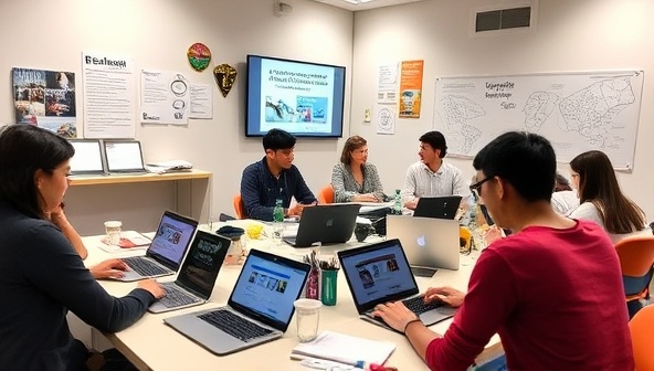 A dynamic workshop setting with participants engaged in learning digital marketing techniques on laptops and tablets, surrounded by branding materials and visual aids, fostering a collaborative and educational atmosphere for skill development.