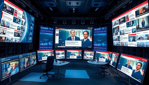 An AI-powered newsroom scene with algorithms sorting and analyzing news articles, displaying personalized news feeds on multiple screens, creating a dynamic and engaging news consumption experience for users.