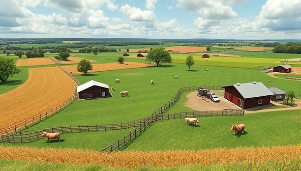 An immersive virtual reality landscape showcasing a farm vista with rolling fields, barns, and grazing animals, with interactive hotspots for users to explore different areas of the farm, engaging in virtual farm activities and learning experiences, creating a captivating and informative agritourism journey.