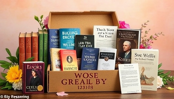 An artistic representation of a Bookish Prose Crates subscription box, with an assortment of books, writing supplies, themed prompts, and author notes elegantly arranged in a vibrant and inviting setting, evoking a sense of literary wonder and creative inspiration.
