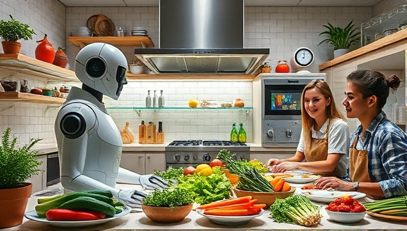 An innovative kitchen setup with futuristic AI devices planning meals, surrounded by colorful fresh ingredients and happy customers enjoying their customized meals, illustrating convenience and healthiness.