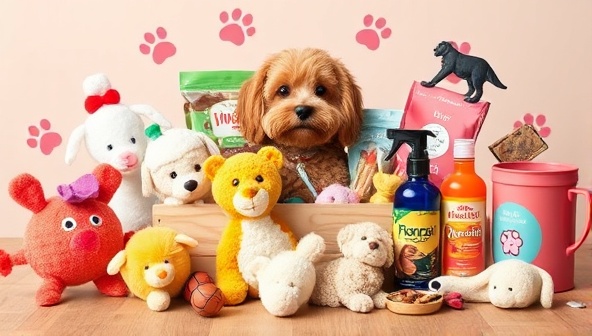 A playful assortment of toys, treats, and grooming products in a Paws & Play Delights subscription box, featuring a variety of pet accessories and engaging items for different pet types, showcasing the joy and excitement of pampering pets with personalized care.