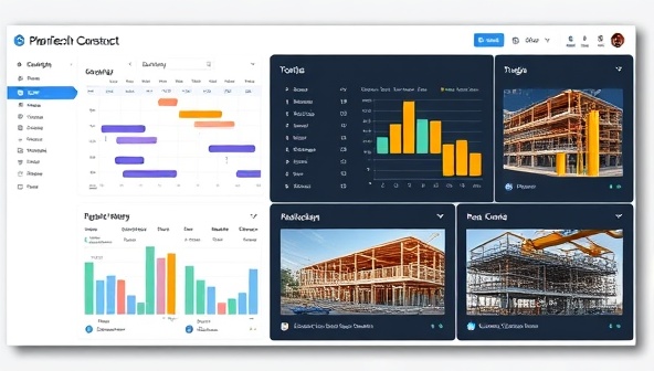 A sleek and modern dashboard of the PlanTech Construct platform showcasing interactive Gantt charts, budget tracking tools, and real-time project updates, with construction projects displayed in a visually appealing and organized manner, symbolizing efficiency and precision in project planning.
