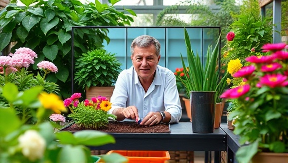 An engaging virtual gardening session with a consultant discussing plant care tips, soil preparation, and gardening tools, surrounded by lush greenery and blooming flowers, creating a vibrant and educational gardening experience.