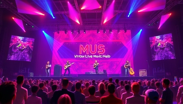 An artistic rendering of a virtual concert stage within the VirtuLive Music Hub platform, showcasing a dynamic and visually stunning virtual environment with virtual avatars of musicians performing live, surrounded by a virtual crowd of animated fans, capturing the essence of a digital music festival.