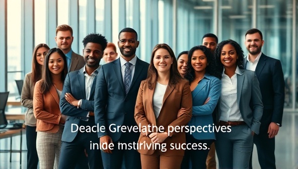 An impactful visual of a diverse group of professionals in a corporate setting, symbolizing inclusivity and teamwork, with a tagline highlighting the value of diverse perspectives in driving success, evoking trust and credibility.