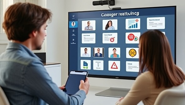 A professional digital career coaching session, featuring a career coach providing guidance and mentorship to a client through a virtual meeting, with career development resources, job search tools, and skill-building resources displayed on a screen, symbolizing career growth and empowerment through virtual coaching support.