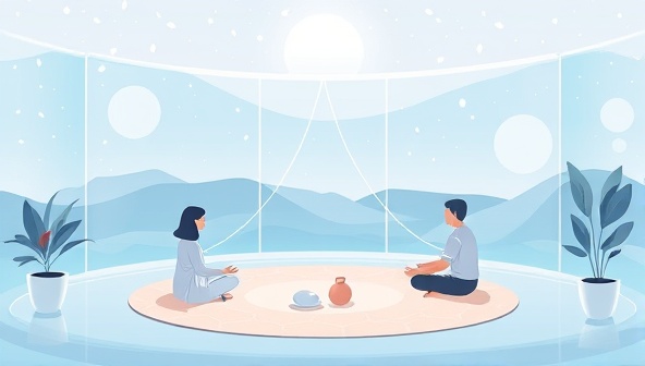 An illustration of a serene virtual environment where users can engage in calming activities, mindfulness exercises, and relaxation techniques, surrounded by soothing visuals and peaceful sounds, creating a tranquil and therapeutic space within MindQuest Wellness' mental wellness platform.