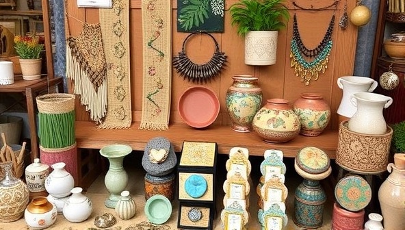 An artistic and eclectic display of handmade crafts, textiles, pottery, and jewelry set against a backdrop of natural elements and vibrant colors, reflecting the diverse and creative offerings of the artisanal marketplace.