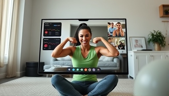 An online workout session featuring a fitness coach leading a virtual training session with clients exercising in their home environments, accompanied by motivational cues and progress tracking visuals, emphasizing convenience and personalized coaching experience.