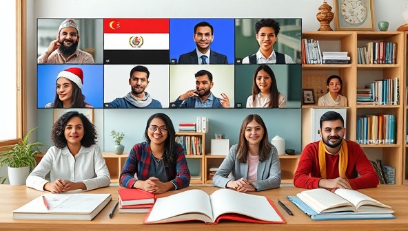 A diverse virtual language exchange session with participants from different countries engaging in conversation via video calls, accompanied by language textbooks, notebooks, and cultural artifacts in the background, symbolizing cross-cultural communication and language learning diversity.
