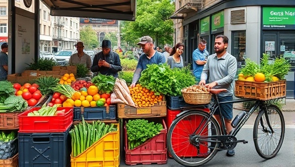 A vibrant image of a bustling city street market with colorful crates of fresh vegetables, urban farmers interacting with customers, and a delivery bike loaded with fresh produce, highlighting the connection between urban agriculture and city living.