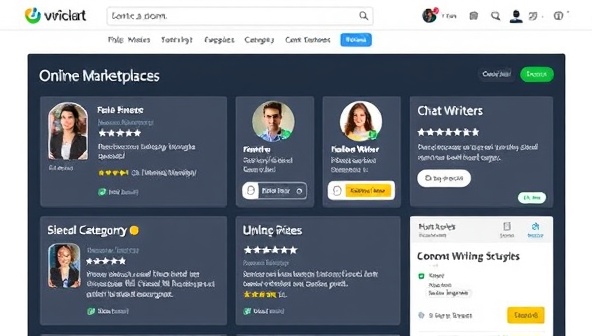 An online marketplace interface showcasing different writing categories with profiles of freelance writers, client reviews, and a chat feature for communication, illustrating the efficient and user-friendly platform for connecting writers and clients.
