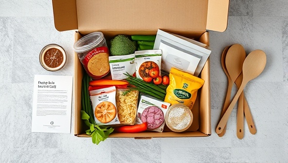 An artistic overhead shot of a neatly arranged meal kit box with colorful ingredients, recipe cards, and cooking utensils, conveying a sense of culinary excitement and creativity.