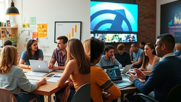 A split-screen image showing a creative team brainstorming content ideas on one side and a captivating niche content piece being shared and engaged with by a targeted audience on the other side, highlighting the creative process and audience impact of CreativeNiche Studios.