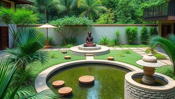 A serene and tranquil wellness retreat setting featuring lush green gardens, peaceful meditation spaces, calming water features, and rejuvenating spa treatments, creating a harmonious and healing environment for wellness seekers to unwind and restore balance.