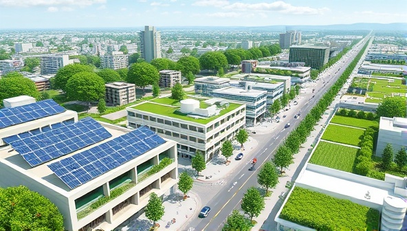 A digital rendering of a modern, green cityscape with solar panels, green roofs, and pedestrian-friendly streets, symbolizing a harmonious blend of urban development and environmental sustainability.
