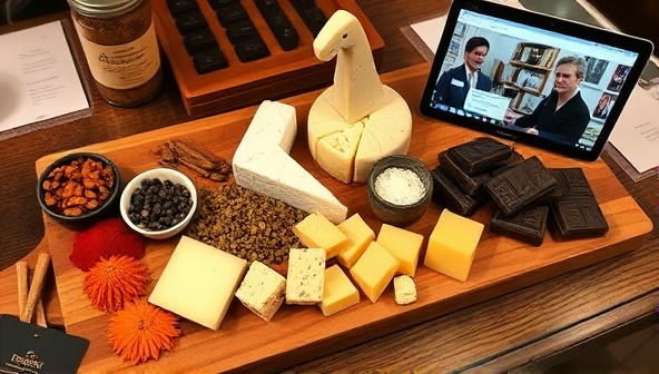 An array of exotic spices, artisanal cheeses, and fine chocolates elegantly arranged on a tasting board, accompanied by tasting notes and a laptop displaying a virtual tasting session, creating a sensory and immersive experience for participants.