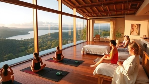 A tranquil wellness retreat center and spa featuring serene meditation spaces, luxurious treatment rooms, yoga studios with panoramic views, and guests indulging in spa therapies, yoga sessions, and mindfulness practices, embodying a haven of relaxation and rejuvenation at Serenity Haven Wellness.