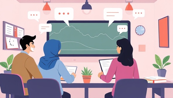 An engaging illustration of virtual language students participating in a live language class, with speech bubbles and language exercises floating around them, showcasing the dynamic and interactive learning environment of LingoLeap Academy, with a tagline 