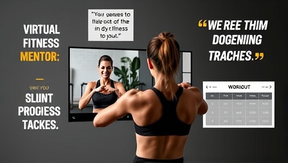 An inspiring visual of a virtual fitness mentor guiding a client through a workout session via video call, with motivational quotes and progress trackers displayed in the background, illustrating the supportive and personalized nature of FitGuide Mentor's mentorship program.