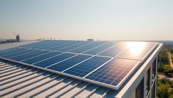 A sleek and modern rooftop with solar panels glistening in the sunlight, showcasing the benefits of renewable energy and a sustainable lifestyle.