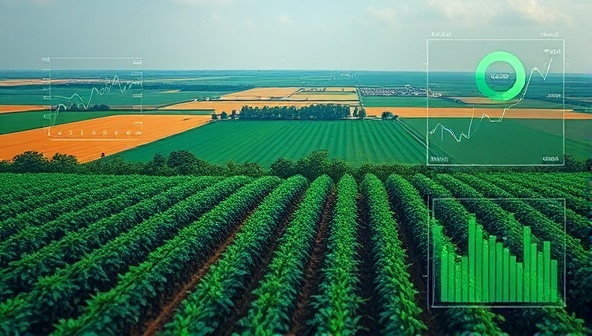 An innovative visual representation of a farm landscape overlaid with AI analytics and digital crop health indicators, showcasing the predictive capabilities and precision monitoring offered by CropGuard AI's advanced agricultural service.