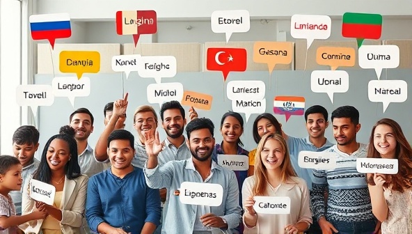 A diverse group of individuals from different countries engaged in a lively virtual language exchange session, with speech bubbles in various languages floating around, symbolizing cultural exchange and language learning.