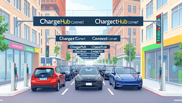 An illustration of a bustling urban street with multiple electric vehicles parked at charging stations under a network of ChargeHub Connect signs, showcasing the convenience and accessibility of the EV charging network in the city environment.