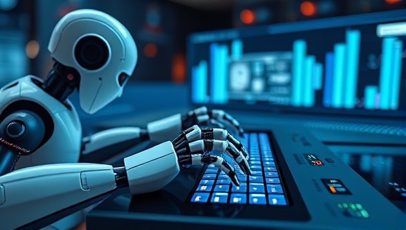 An image illustrating a futuristic AI-powered robot typing on a sleek digital interface, generating ad copy in real-time with a creative and innovative touch, symbolizing the intersection of AI technology and advertising creativity in AIscribe's service offering.