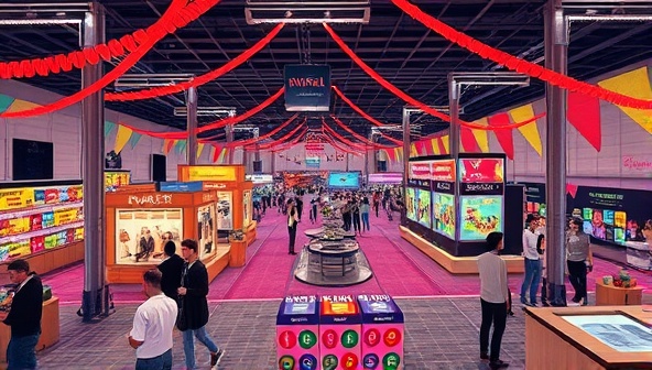 An artistic rendering of a virtual event space with colorful decorations and interactive elements, showcasing a virtual market with booths, stages for performances, and virtual networking areas, evoking a vibrant and engaging community atmosphere.
