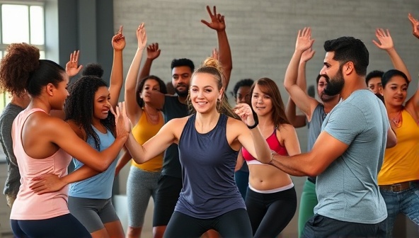 A diverse group of individuals engaging in a high-energy workout challenge led by a fitness trainer, showcasing the community spirit, motivation, and energy of the FitQuest platform's fitness challenges.