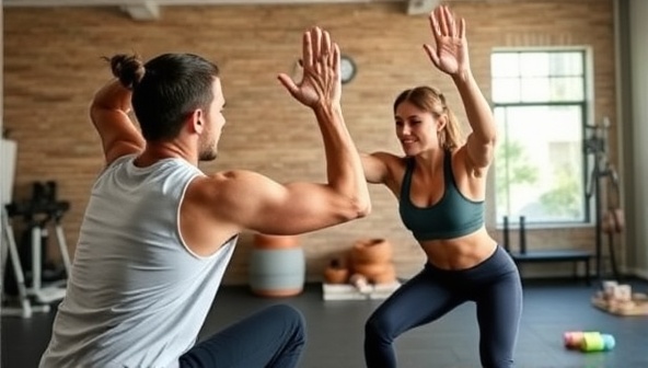 A dynamic and energetic virtual training session with a coach guiding a client through exercises via a video call, showcasing motivation and engagement in a virtual fitness environment.