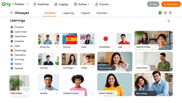 An online language learning platform interface displaying diverse language courses, interactive lessons, and virtual language exchange sessions with participants from different cultural backgrounds, fostering a sense of global connection and language proficiency.