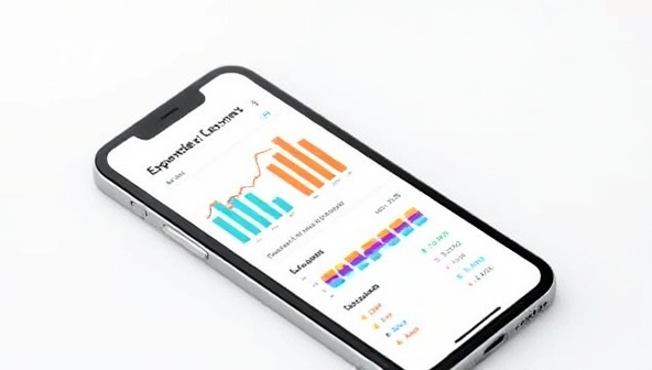 A smartphone screen displaying the ExpenseBot app interface with colorful graphs and charts showing expense trends, accompanied by a sleek and modern design, illustrating simplicity and efficiency.