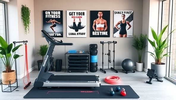A collection of high-quality fitness equipment displayed in a modern home gym setup, including a treadmill, yoga mat, resistance bands, and dumbbells, surrounded by motivational fitness posters and greenery, inspiring a dynamic workout environment.