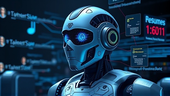 An artistic representation of an AI-powered robot scanning resumes and profiles, with digital data streams flowing into its system, symbolizing the advanced technology and efficiency of the TalentScan AI platform.