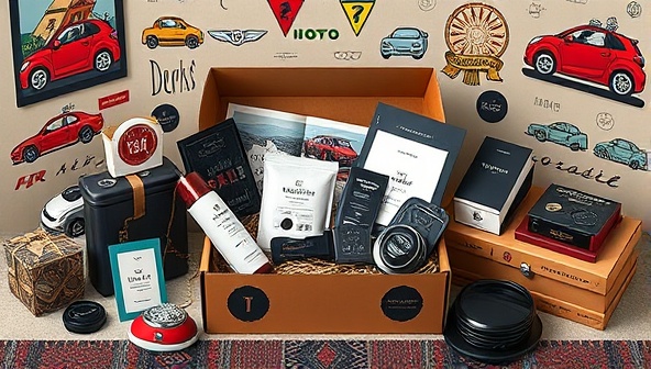 An elegantly designed subscription box with automotive-themed illustrations and logos, filled with an assortment of car accessories, gadgets, and lifestyle products, surrounded by car-themed decorations and a cozy reading nook, invoking a sense of excitement and anticipation for subscribers.
