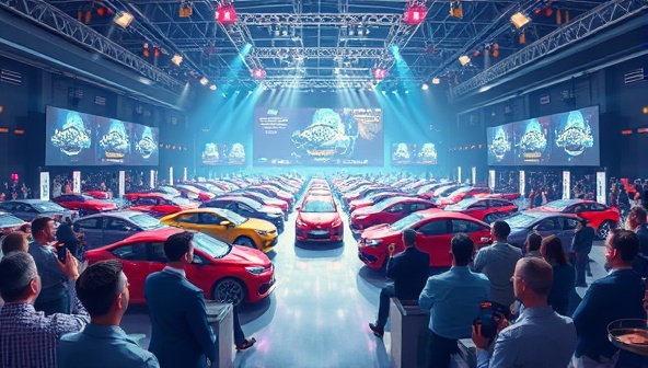 A dynamic digital illustration featuring a virtual car auction hall filled with diverse car models, animated bidding paddles, and enthusiastic virtual attendees participating in a lively auction event, capturing the excitement and energy of online car trading and bidding in a futuristic and engaging setting.