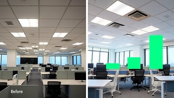 An office space before and after an energy-efficient lighting retrofit, with LED fixtures illuminating the workspace brightly and a comparison chart displaying reduced energy consumption and savings, highlighting the transformative impact of eco-friendly lighting solutions.