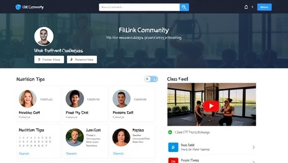 An interactive online platform interface displaying user profiles, workout challenges, nutrition tips, and a live fitness class feed, representing the diverse and engaging community within FitLink Community.