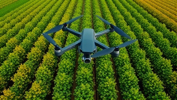 An aerial view of lush farmland captured by a drone, displaying detailed crop rows and patterns, with data overlays showing plant health indicators, exemplifying cutting-edge precision agriculture technology.