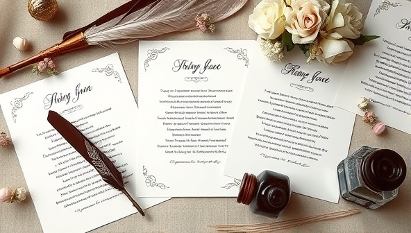 An elegant and artistic display of custom-crafted poems on beautifully designed stationery, surrounded by quills, ink bottles, and delicate floral accents, evoking a sense of creativity and sophistication.